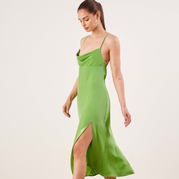 reformation green silk dress